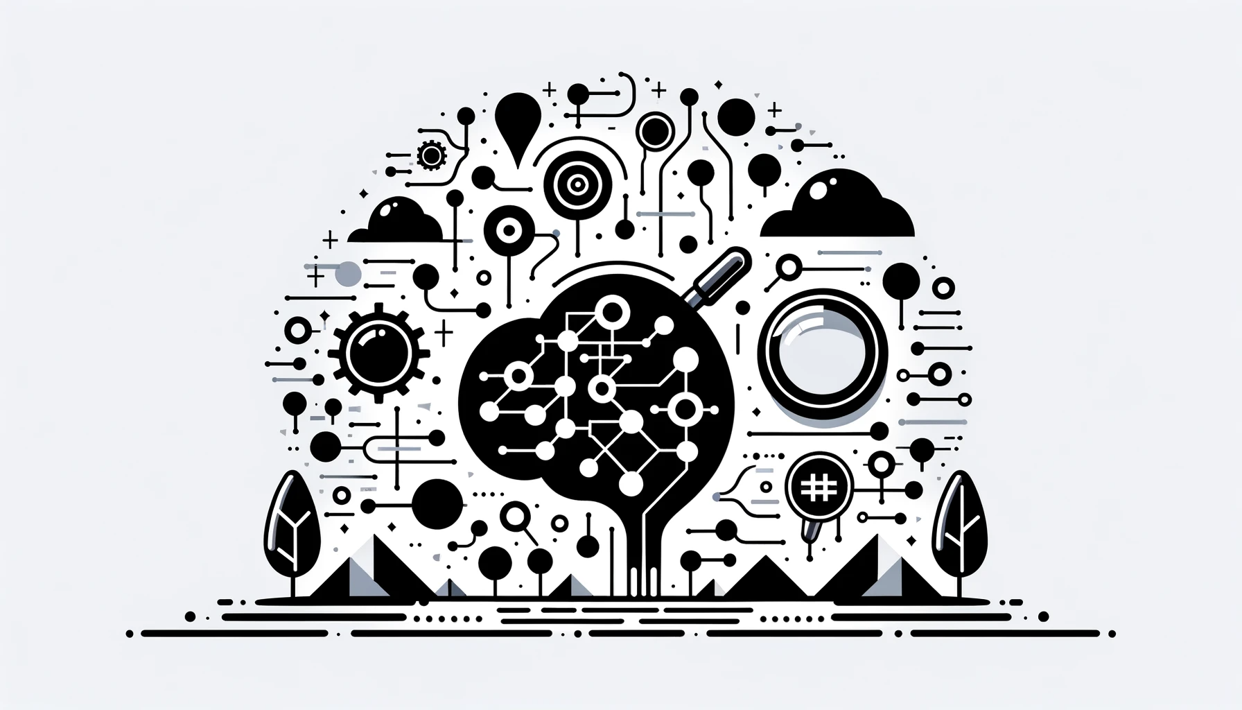 DALL·E 2024-01-30 17.00.01 - A minimalist landscape illustration in black, white, and hex color #0000FF (blue) to depict the concept of 'Revolution in SEO_ The Impact of Artificia